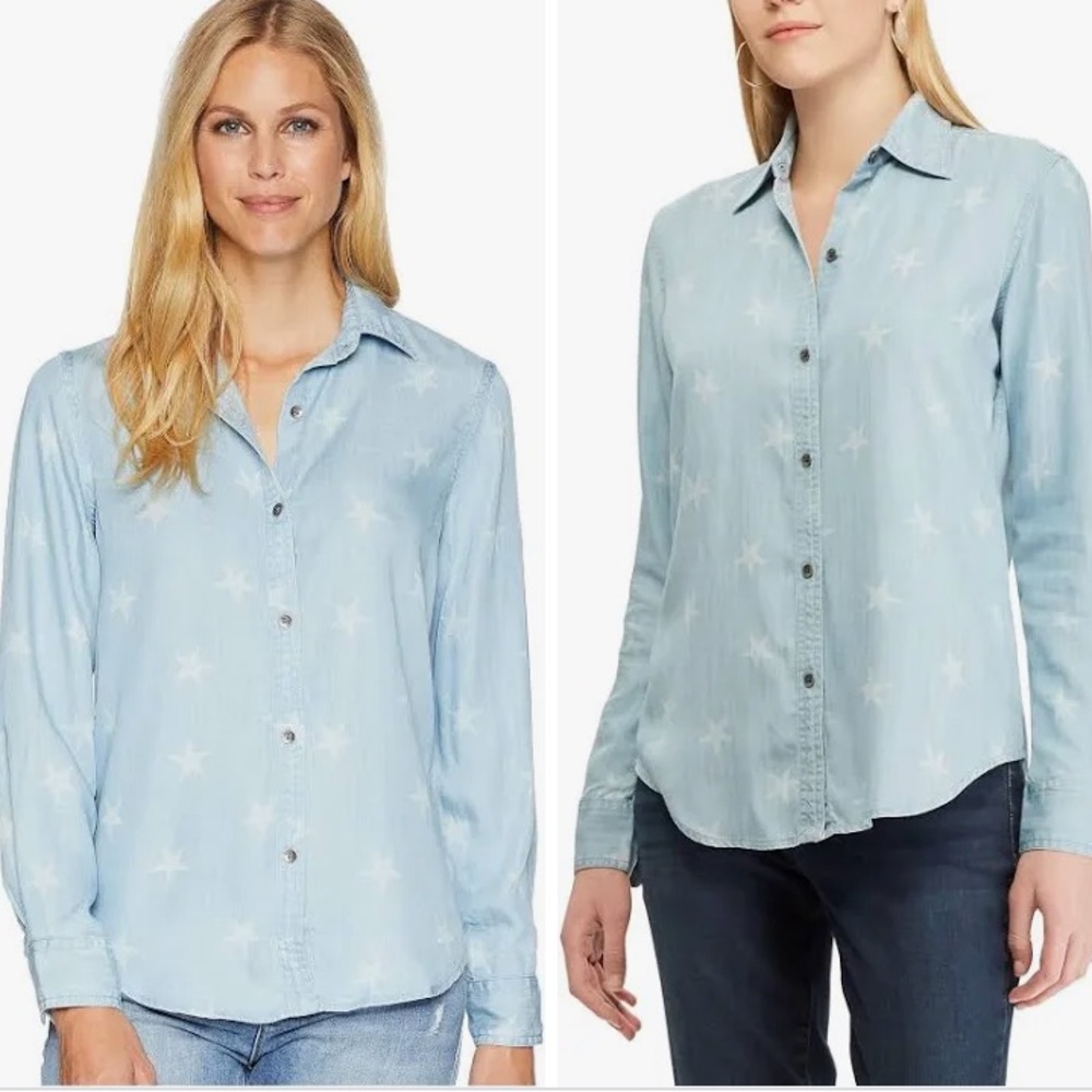 Chaps Blue/White Star Print Chambray Button Down Dress Shirt. Size L.